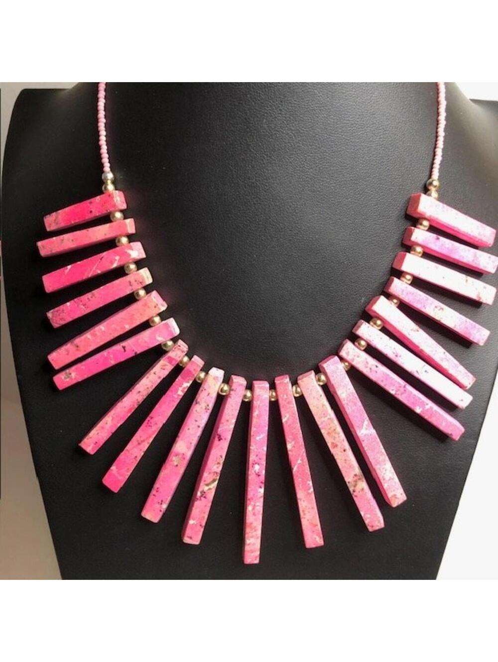 B0174 Rhodonite Bar Necklace silvertone Beaded Necklace 17"